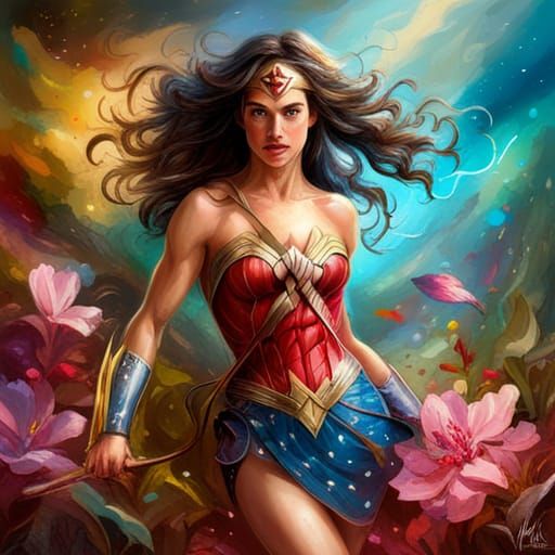 Chibi Wonder Woman in Vibrant Garden Art