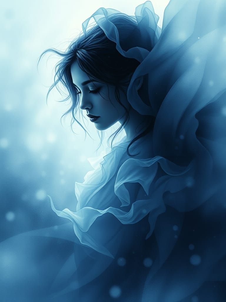 Spectral Lady of the Lake in Blue Watercolor