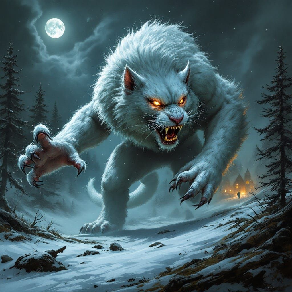 Fantasy Feline Stalks Snowy Woods in Moonlit Atmosphere