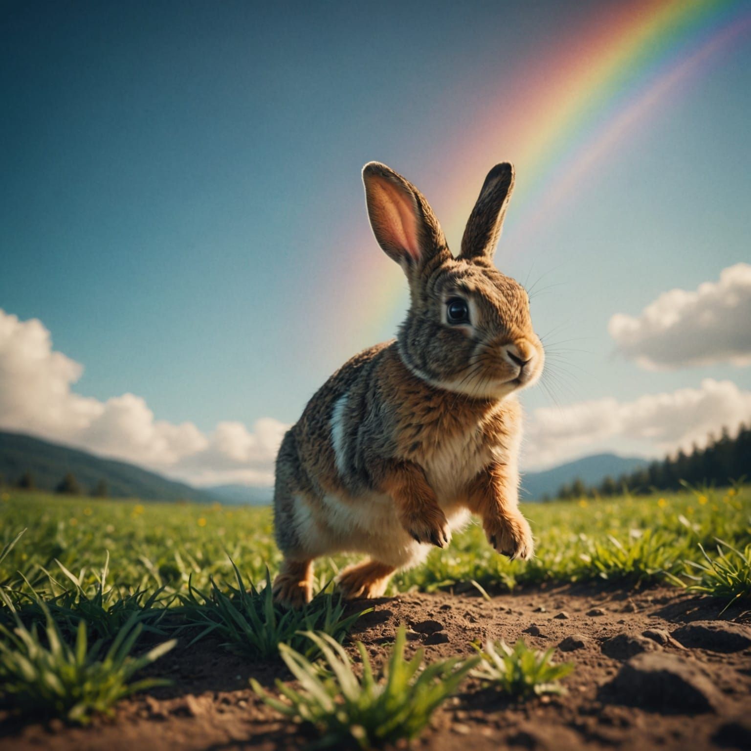 Cute Bunny Rabbit Hopping Over a Rainbow