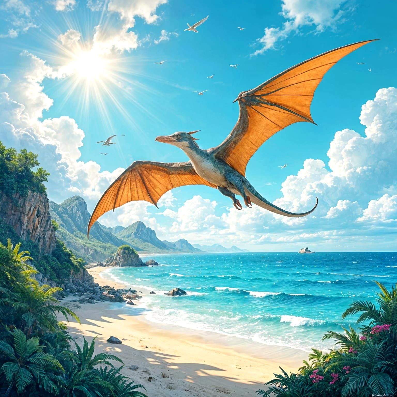 Pterodactyl Soaring Above Prehistoric Coastline