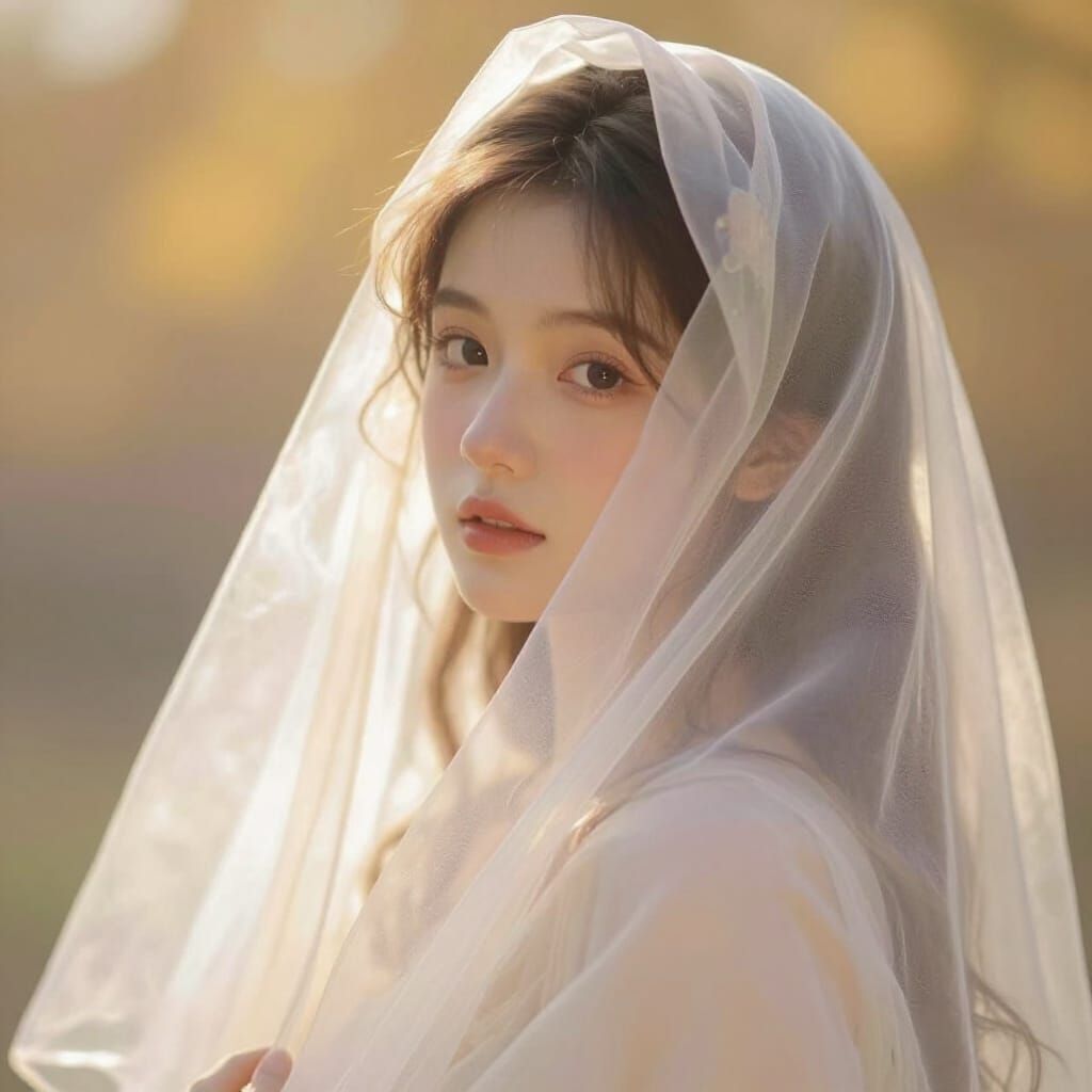 Ethereal Veiled Girl in Golden Bokeh Light