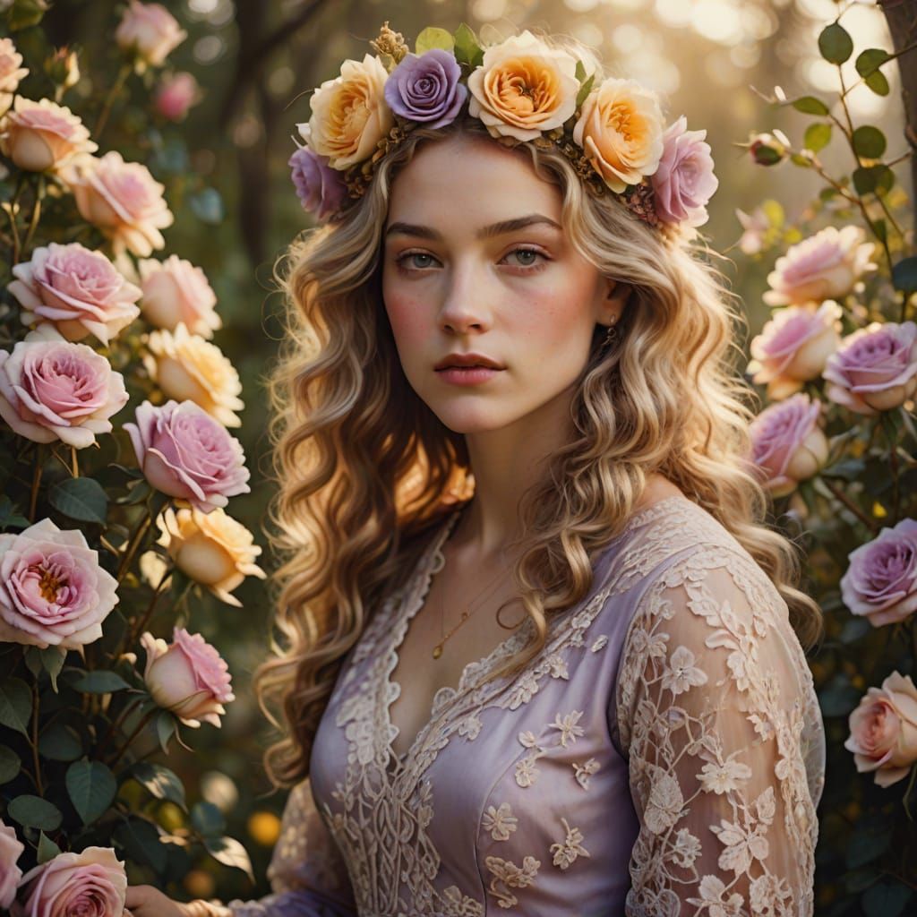 Vintage Boho Chic Portrait of a Woman in Pastel Purple Dress