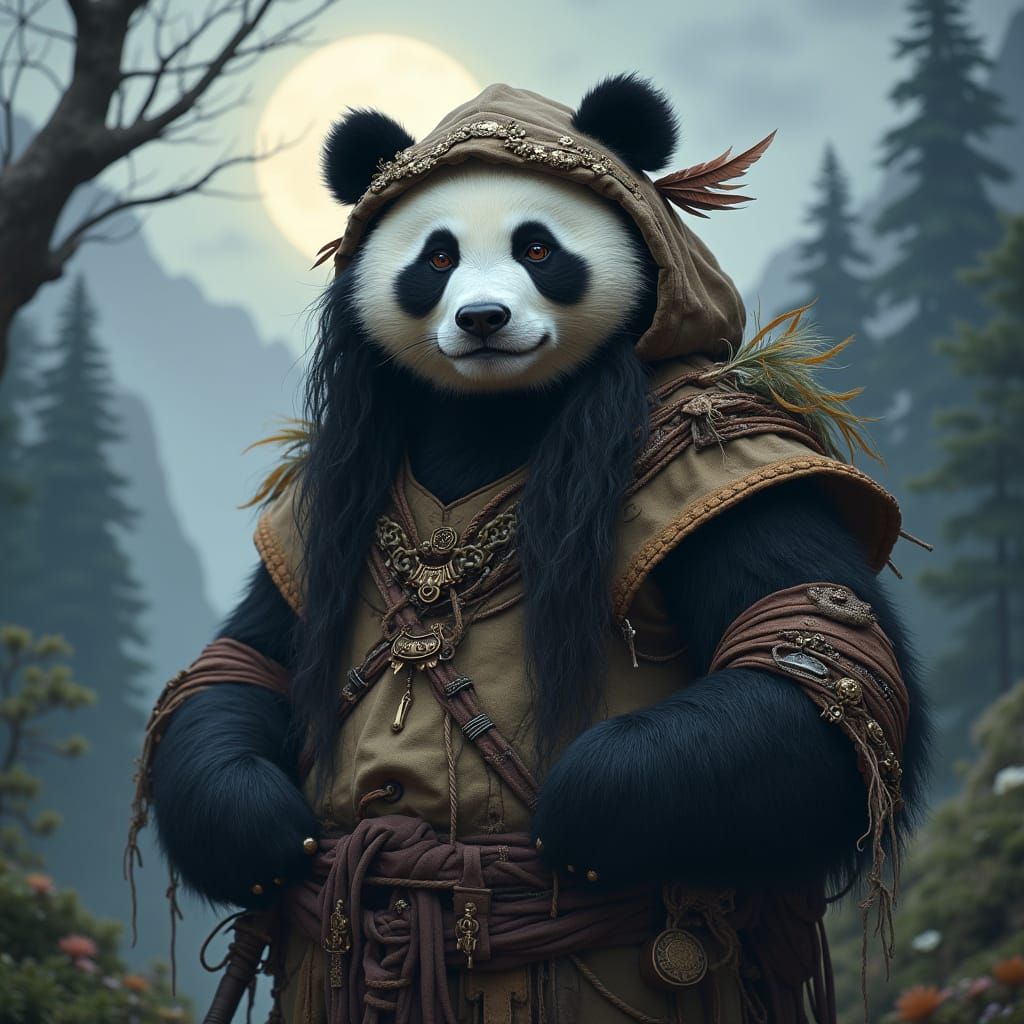 Mystic Panda Shaman in Ethereal Landscape