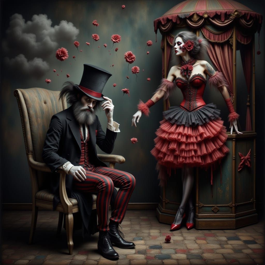 Surreal Theatrical Scene with Magician in Top Hat