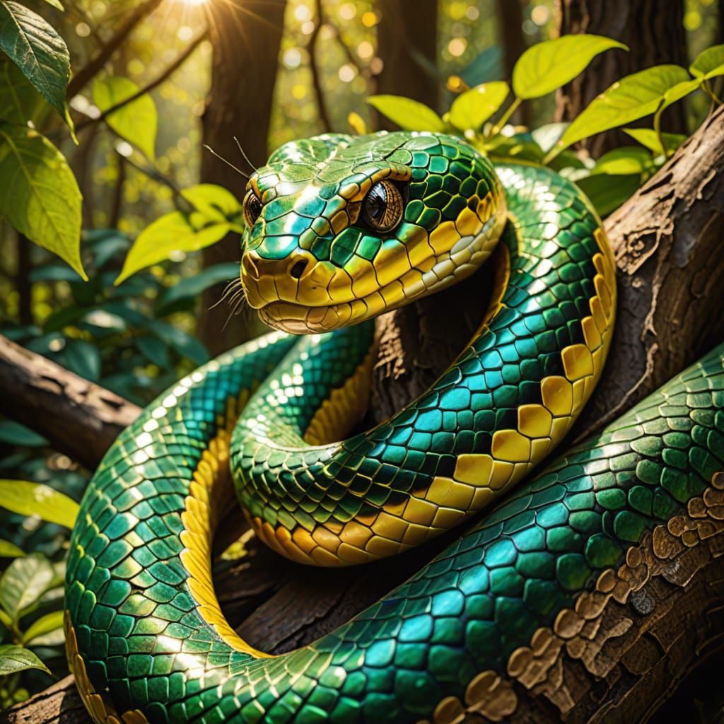 Golden Serpent Portrait in Vibrant Forest Light