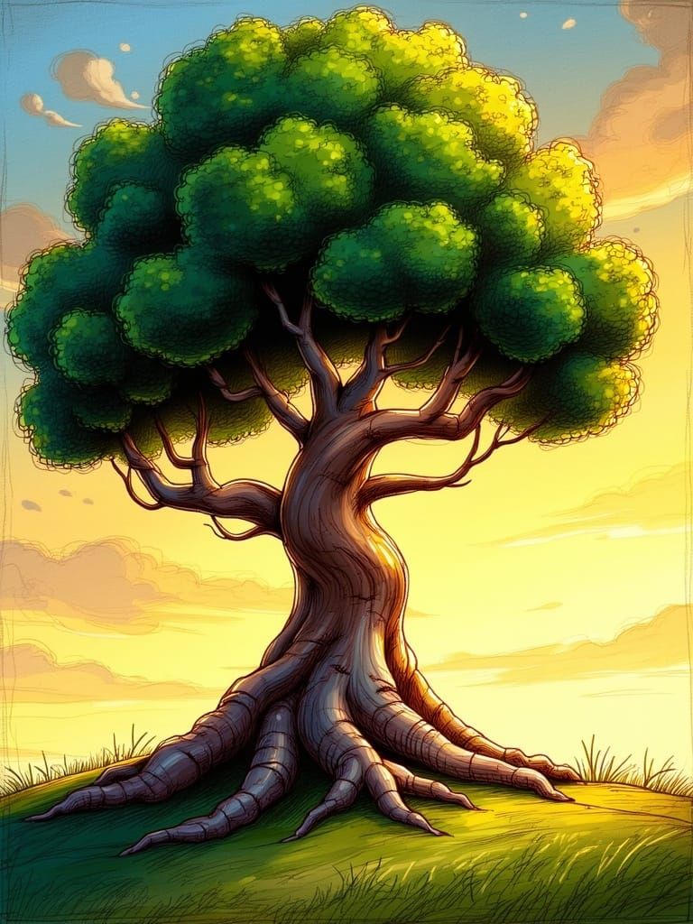 Whimsical Tree in Golden Sunset Light