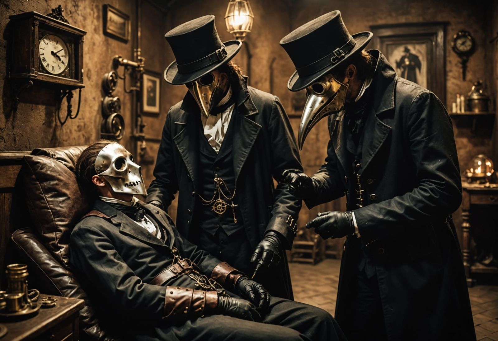 Steampunk Doctor Tends to a Fading Patient in a Gothic Inter...