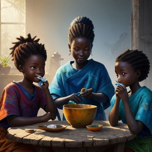 African Children's Morning Routine: Vibrant Oil Painting