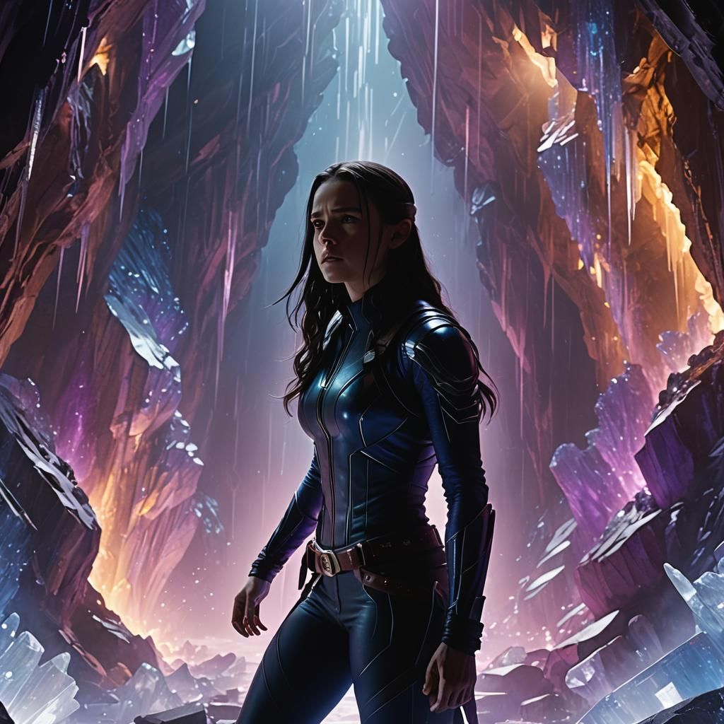 X-23 in a Glowing Crystal Cave: Hyper-Realistic Still