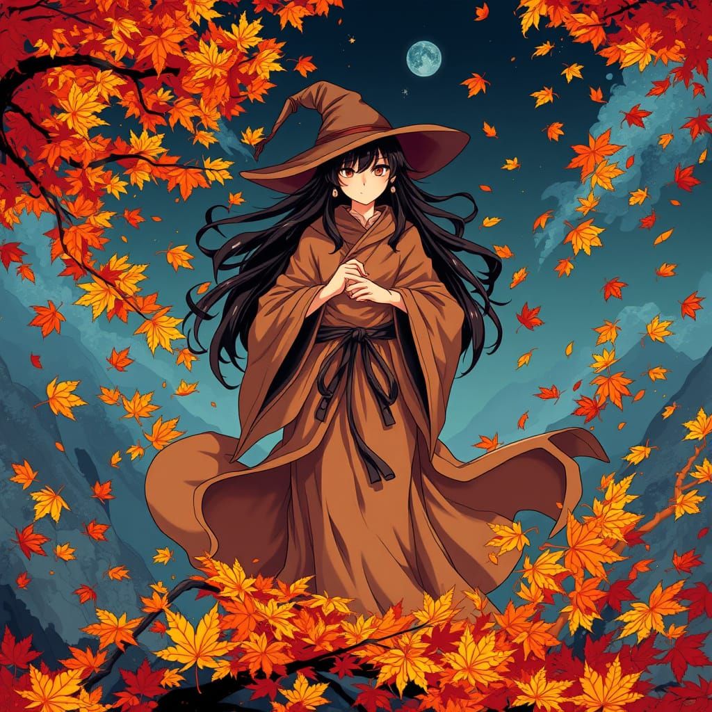 Mystical Yama-uba in Anime Style with Autumn Leaves