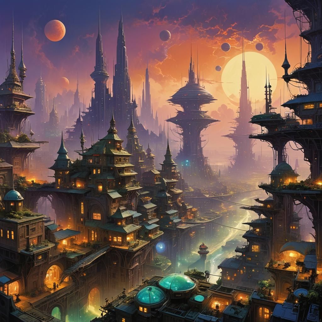 Intricate Alien City in Retro Sci-Fi Style