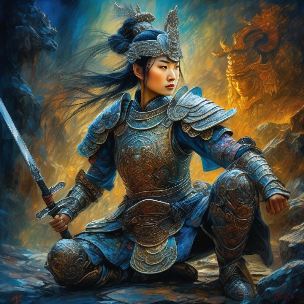 Armored Chinese Warrior Kneeling in Fantasy Art Style