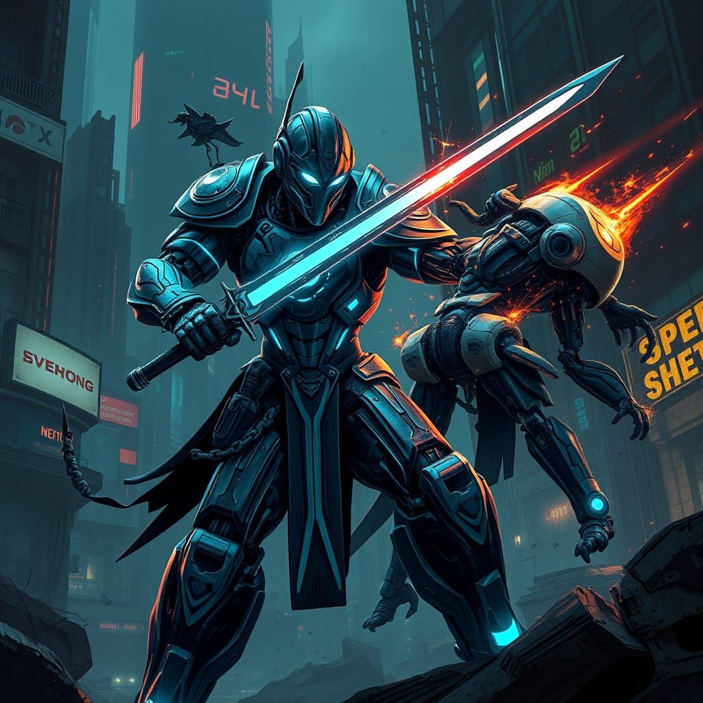 Cyberpunk Robot Warrior Destroys Opponent with Sword