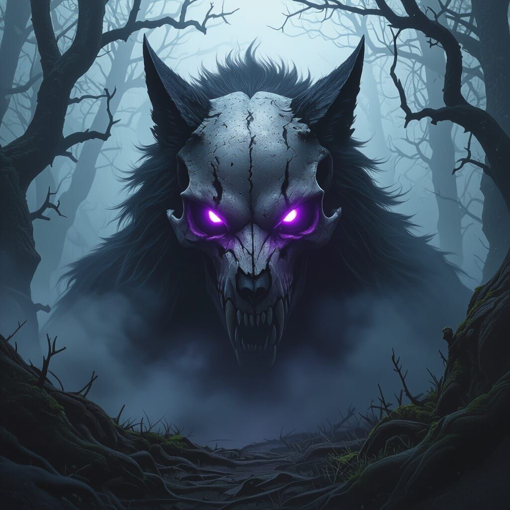Demon With Wolf Skull Head in Misty Forest