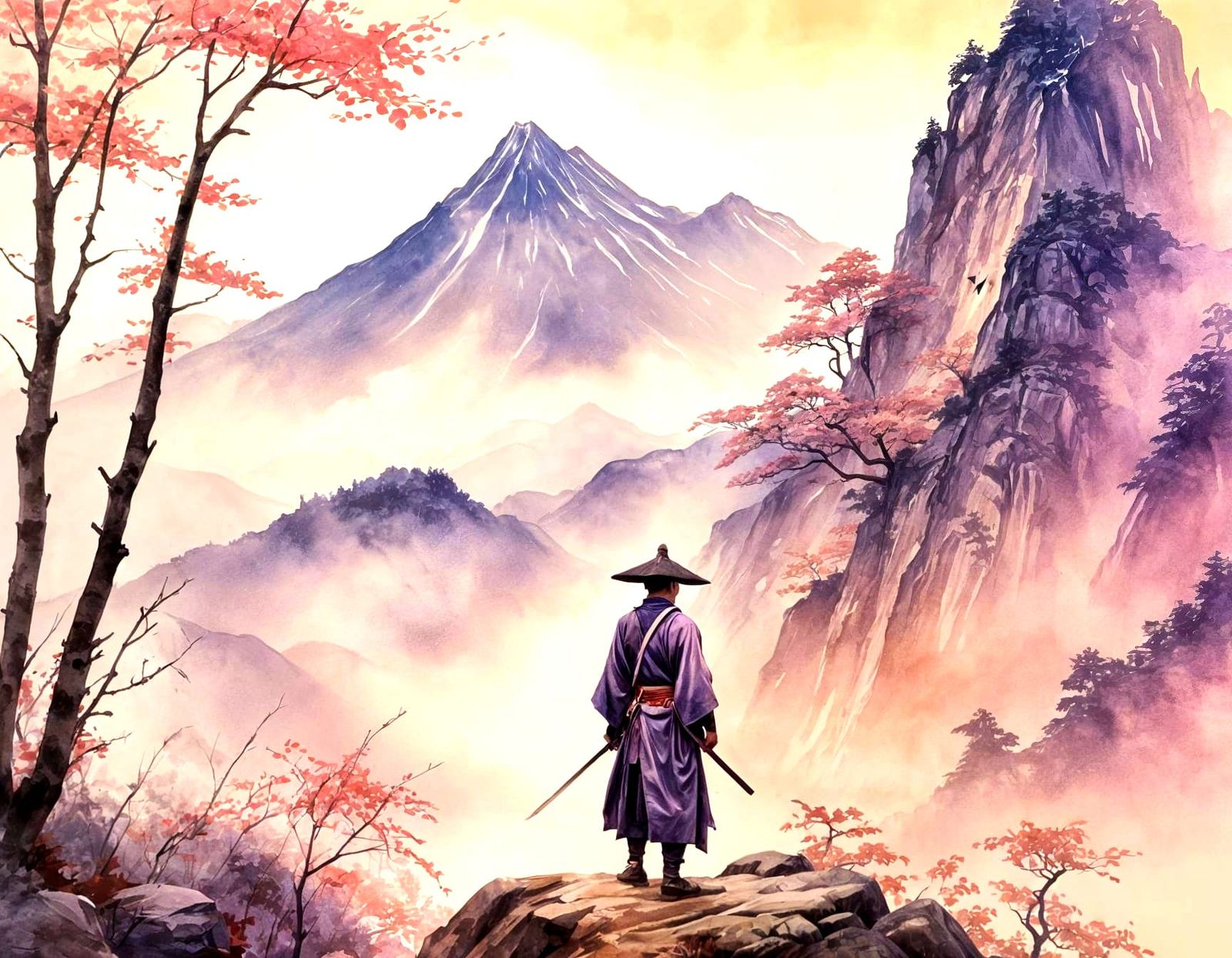 Samurai Silhouette at Mystic Mountain: Watercolor Painting