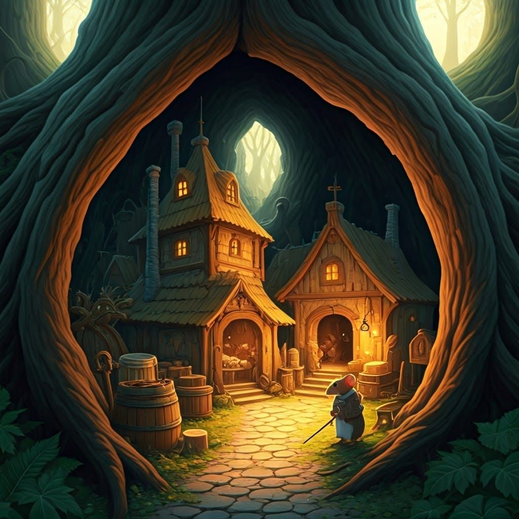 Mäuse, Dorf in einem ausgehöhlten Baumstumpf, Käsefabrik, niedlich, Wächter vor dem Eingang, Schutz gegen Füchse