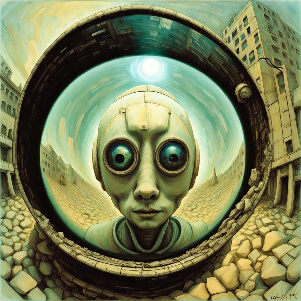 Surreal Robot Nurse in Fisheye Lens, Beksiński Style