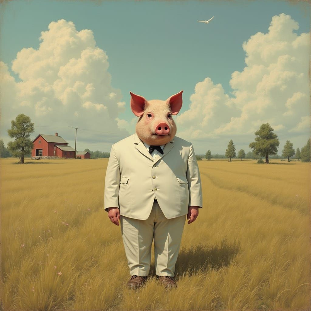 A Rural Pig in a White Suit, Captured in Photorealistic Deta...