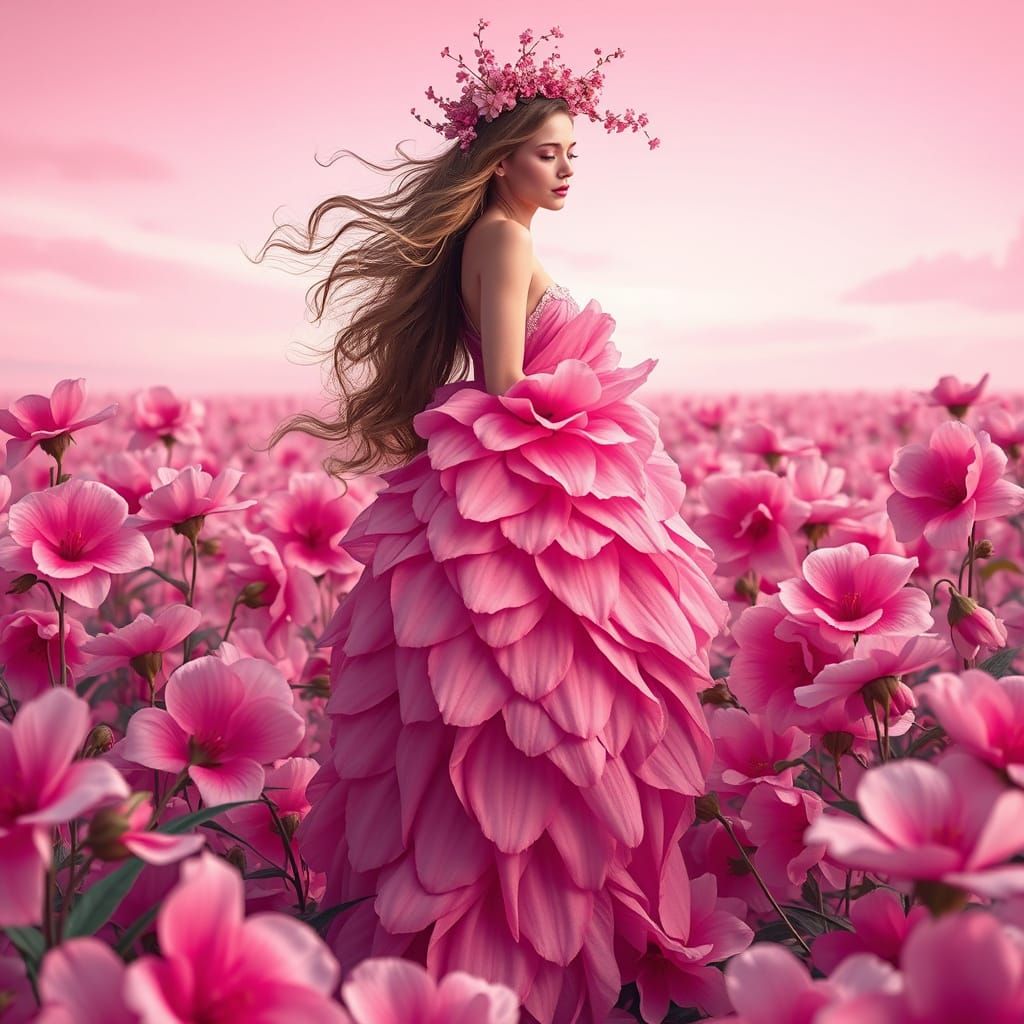 Pink Floral Dream: Woman in Petal Dress