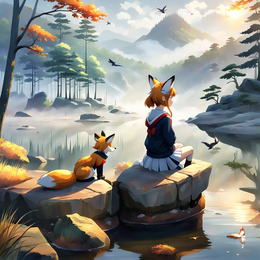 Anime Fox Girl Views Misty Forest Sunset