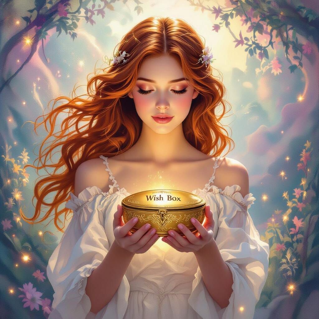 Woman Holds Ornate Golden Wish Box in Watercolor Fantasy Lan...