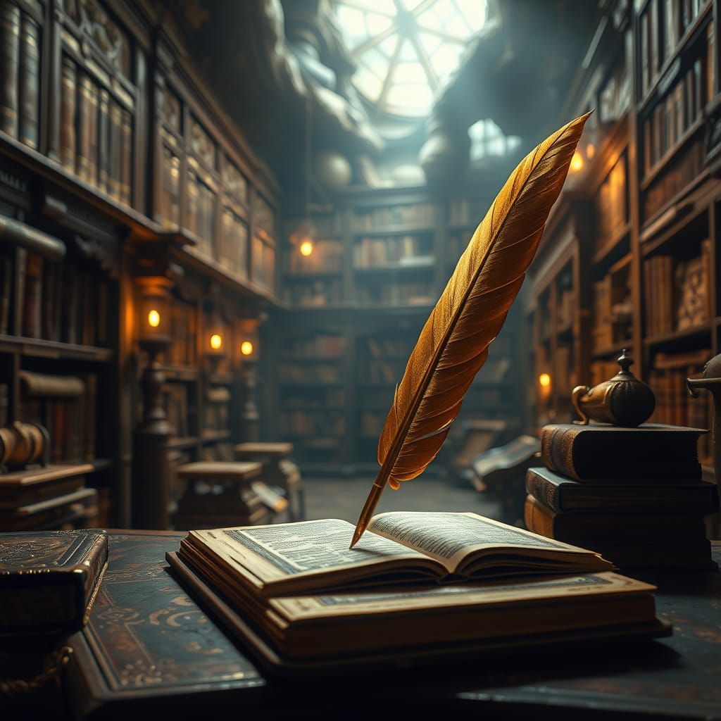 Hidden Library with Golden Quill in Hyperrealistic Style