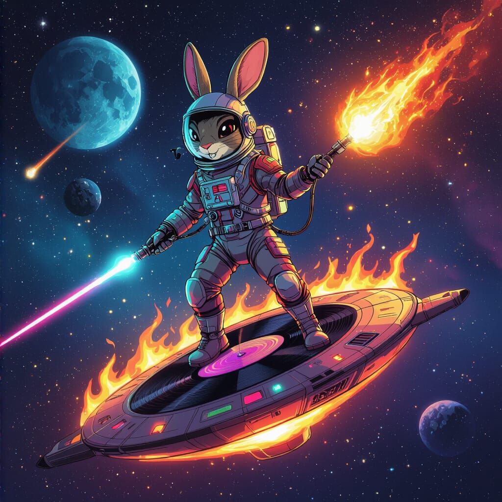 Futuristic Alien Rabbit Music Cover in Neon Comic Art
