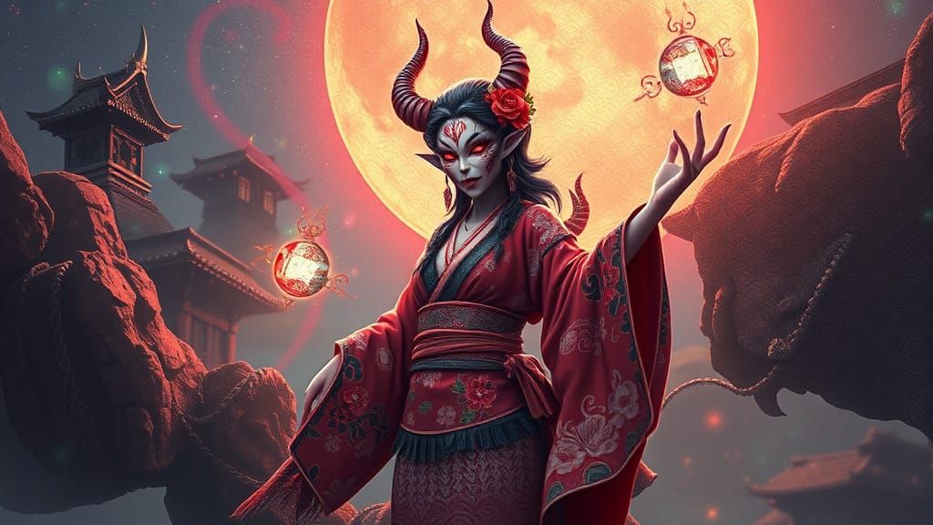 Oni Geisha with Magic Powers in Art Nouveau Style