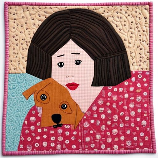 Girl with Dog Art Quilt in Patchwork Style