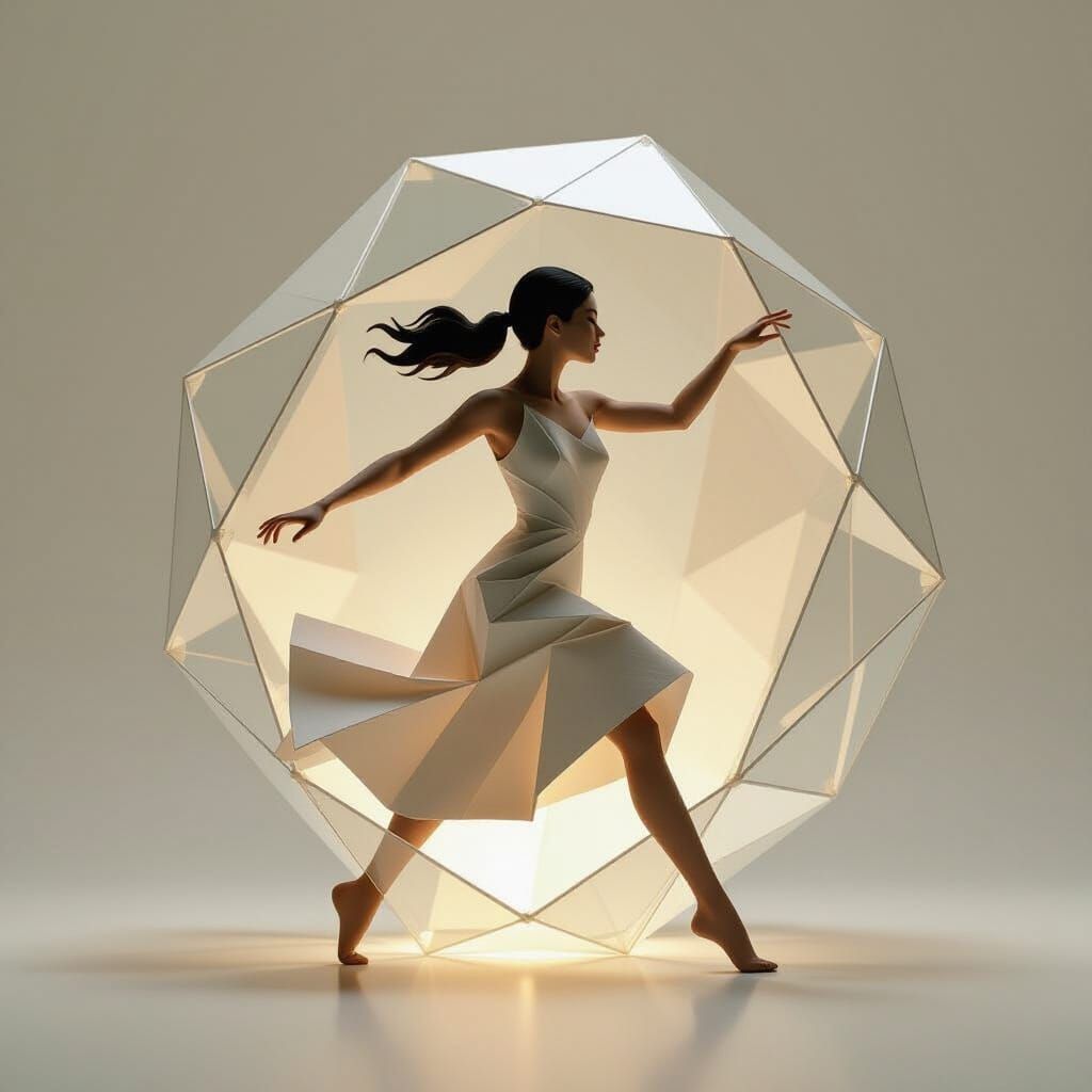 Origami Figure Distorted Within Geometric Glass Form