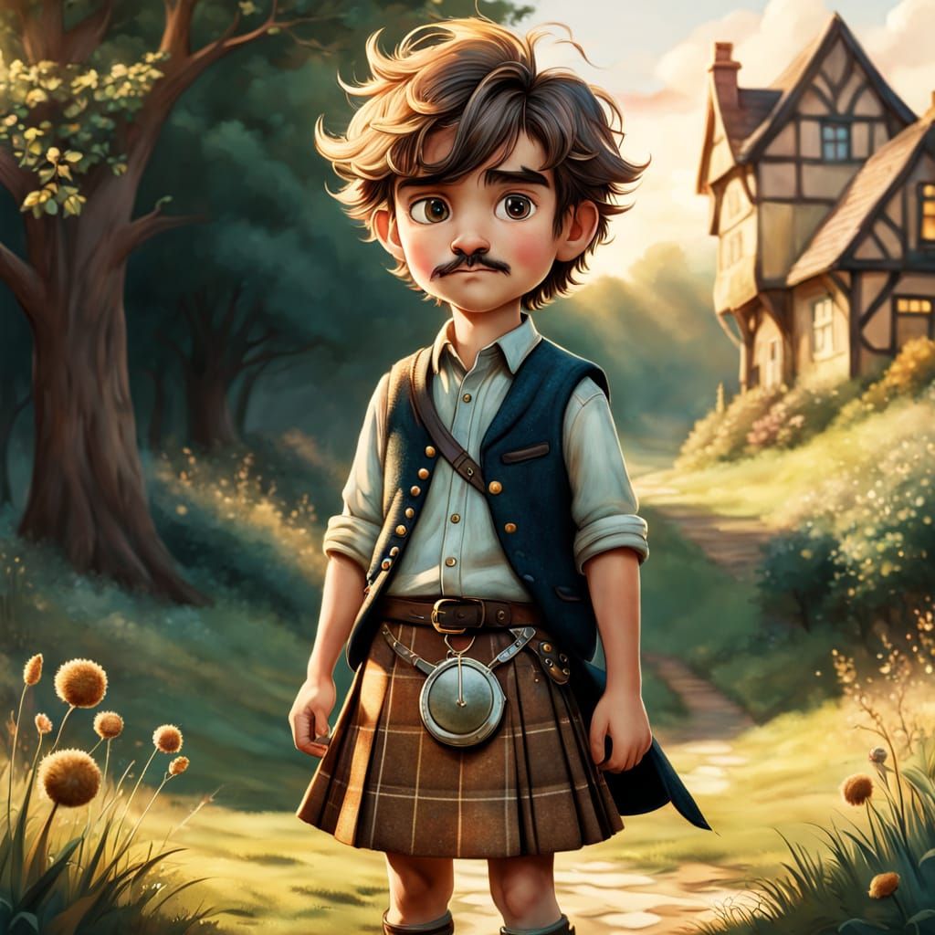 Charming Cartoon Illustration of Torquil McDhu in Tartan Kil...