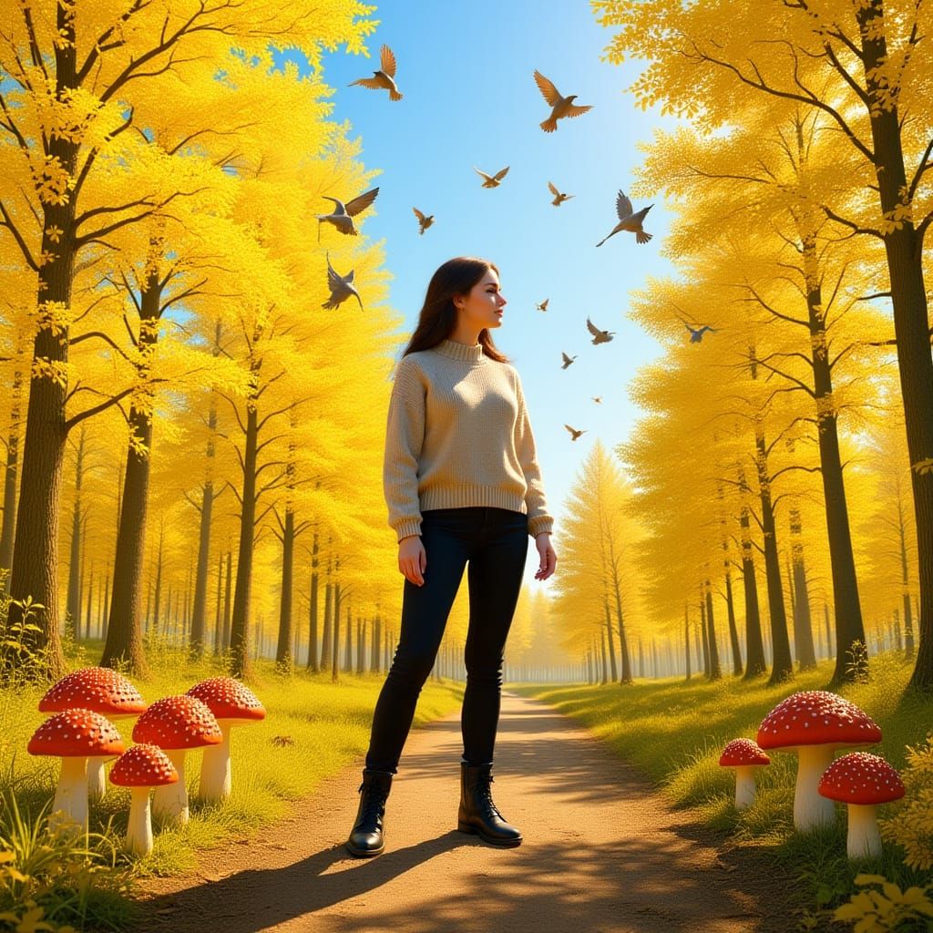 Serene Woman in Lush Autumn Forest, Matte Painting