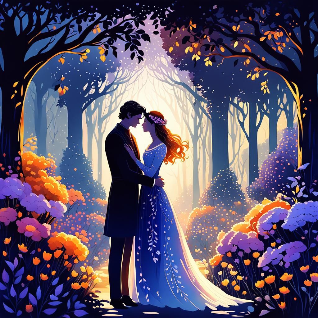 Romantic Couple Embrace in Dreamlike Fantasy Garden
