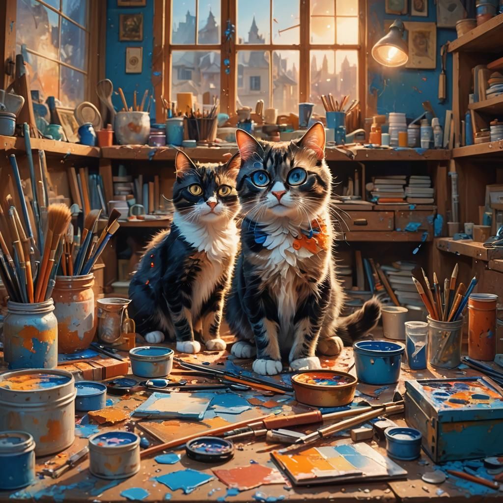 Cats Playing in a Cluttered Art Workshop