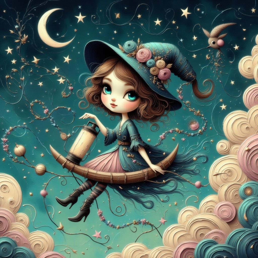 Blue-Faced Witch Rides Vacuum Cleaner Through Twilight Sky