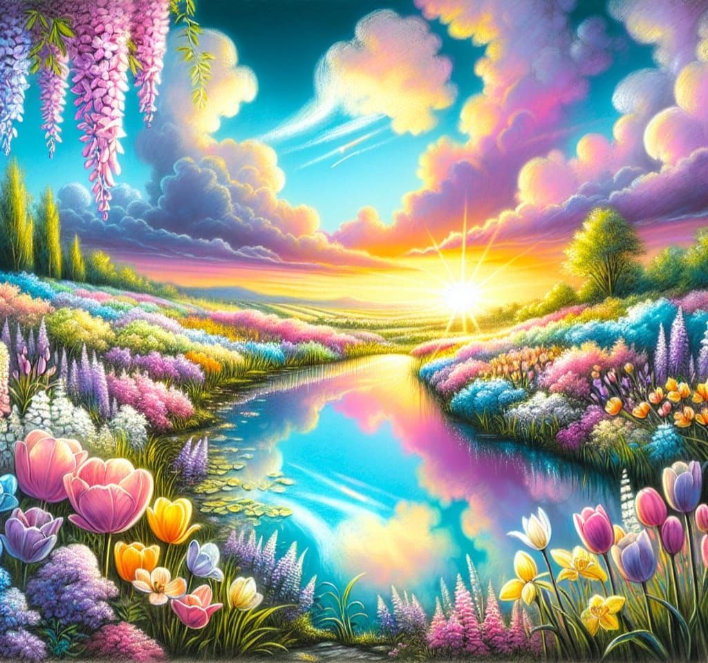 Vibrant Spring Morning Chalk Drawing in Pastel Colors