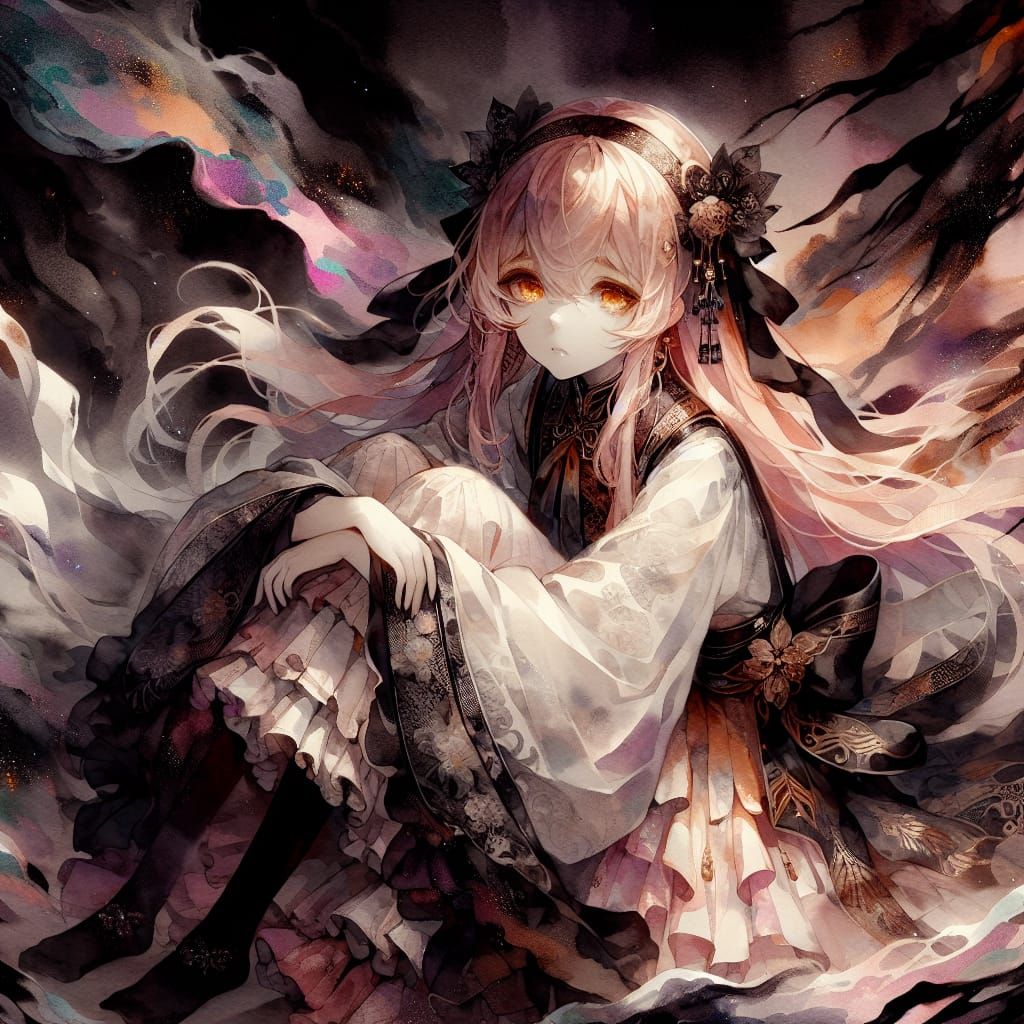 Anime-Inspired Ink Painting of a Grieving Girl