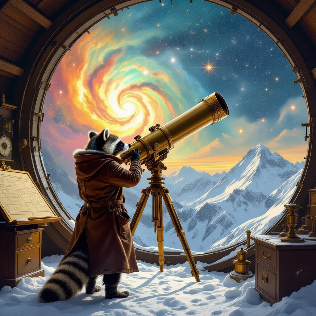 Raccoon Astronomer Observes Nebula in Observatory