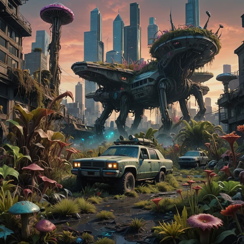 Overgrown Seattle Cityscape with Bioluminescent Alien Plants