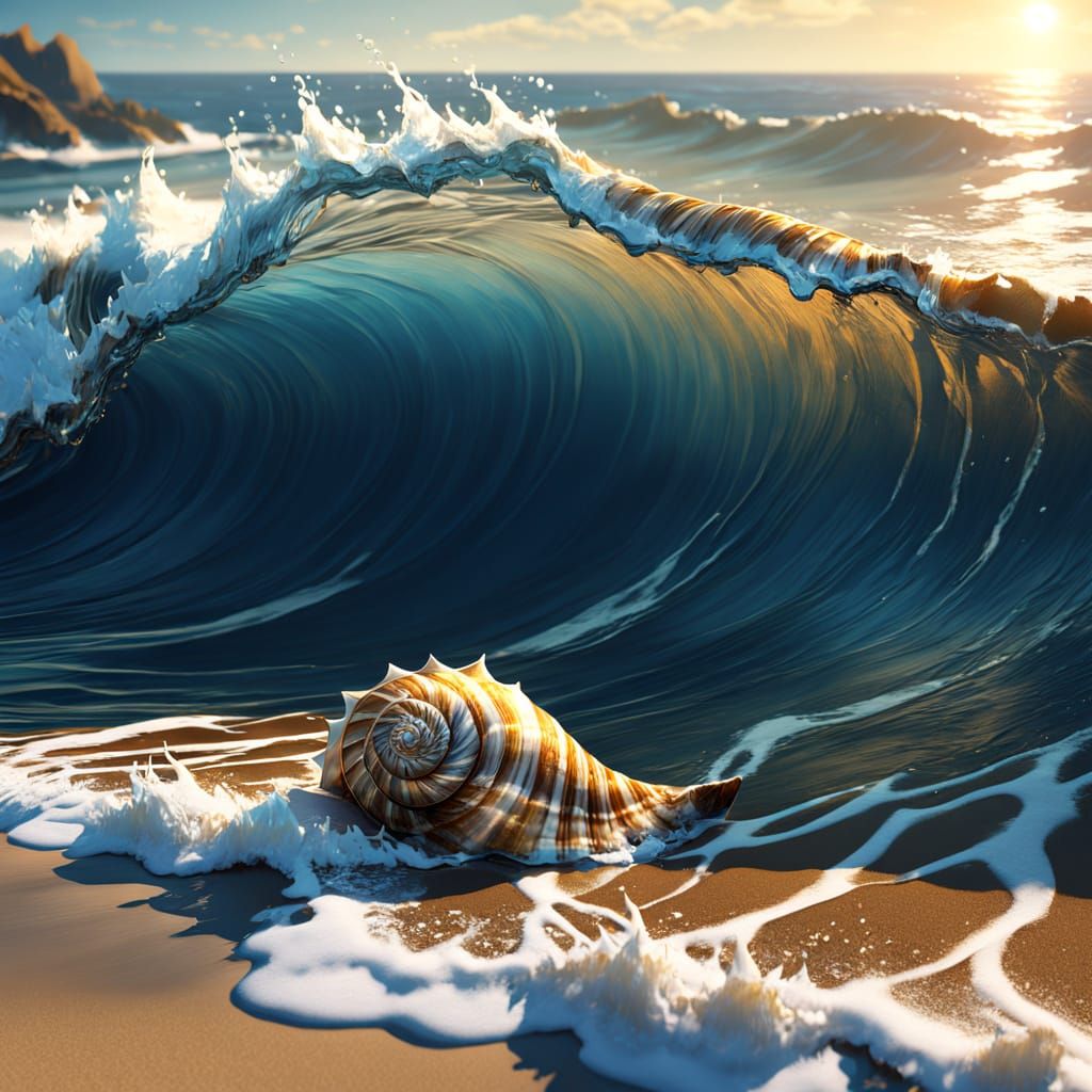 Spiral Seashell on Sandy Beach in Warm Sunny Light