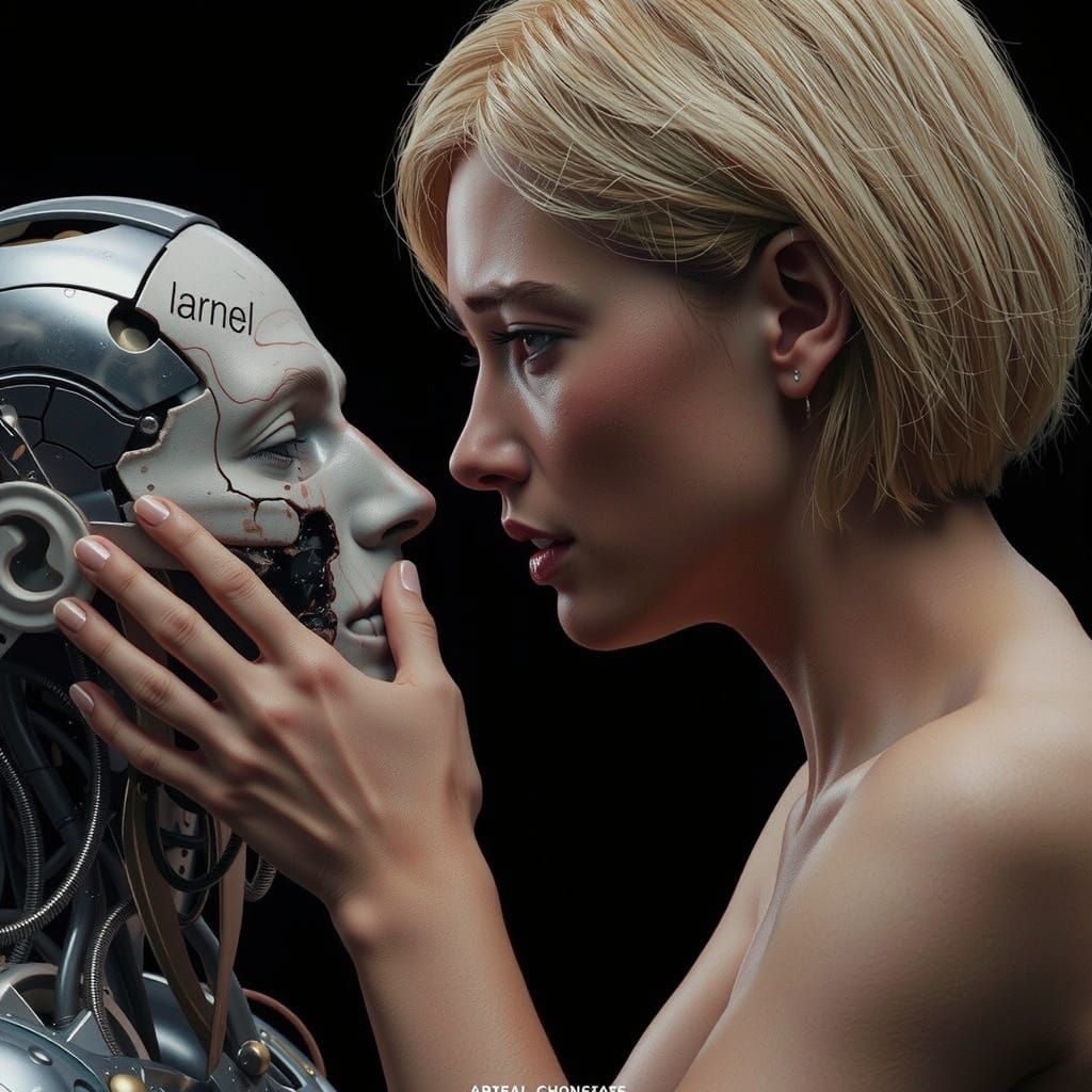 Woman Comforts Broken Cyborg in Detailed Concept Art