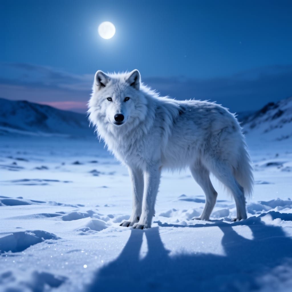 Majestic White Wolf in Snowy Dusk Landscape