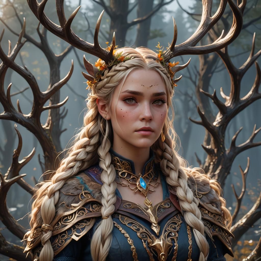 Blonde Braids and Antlers: Detailed Fantasy Art