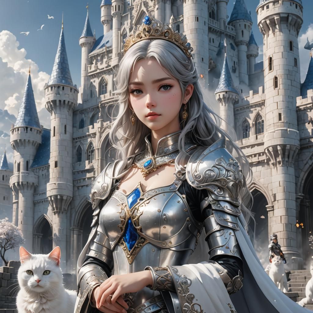 Princess in Silver Armor with White Cats