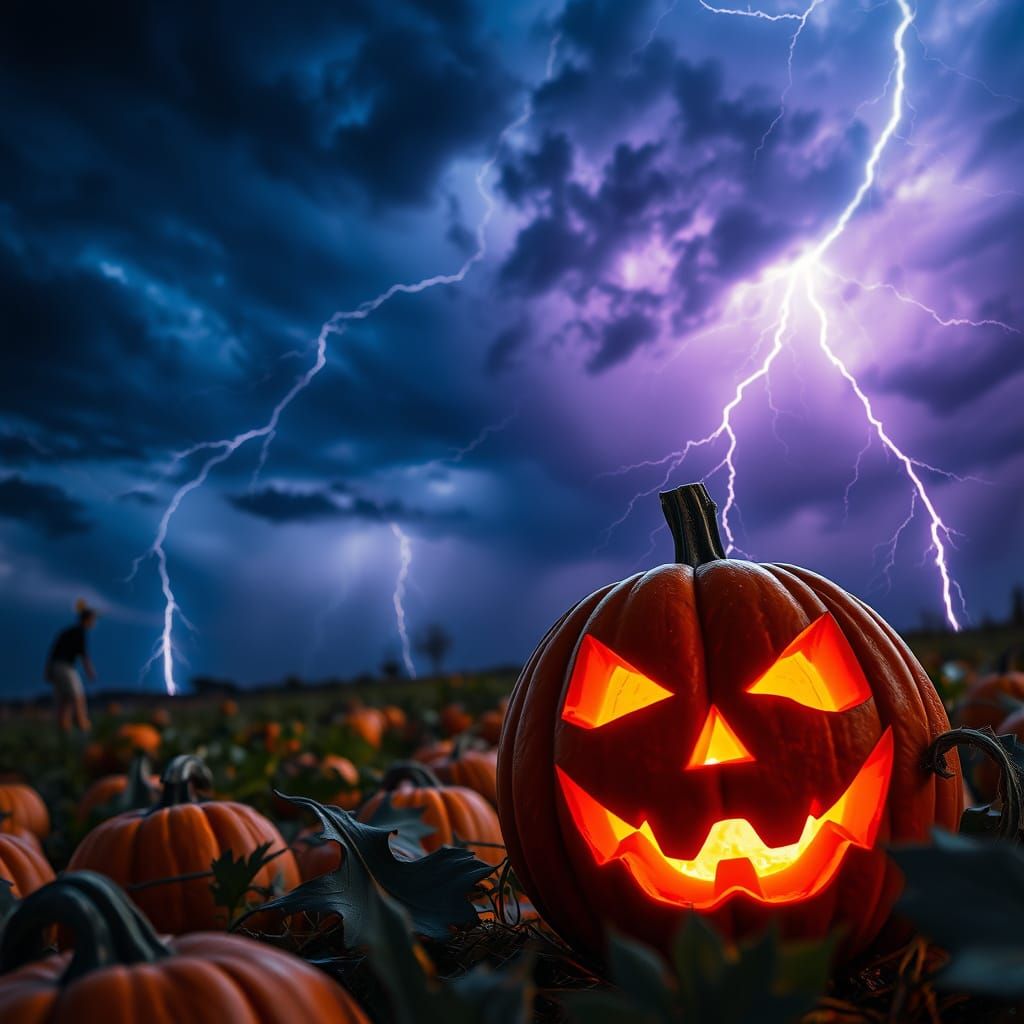 Lightning Strikes Jack-o-Lantern in Thunderstorm