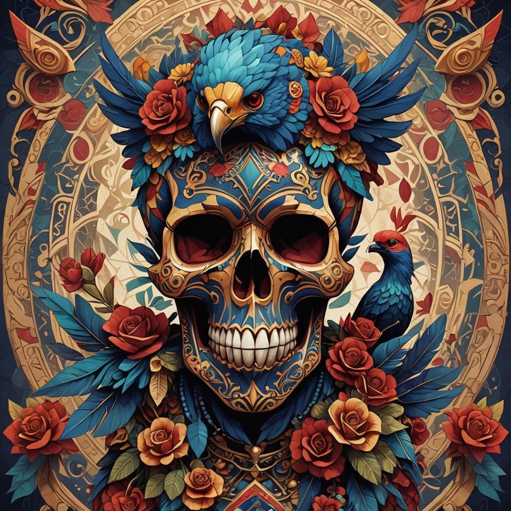 Chicano Art: Tattooed Bird on Ornate Skull
