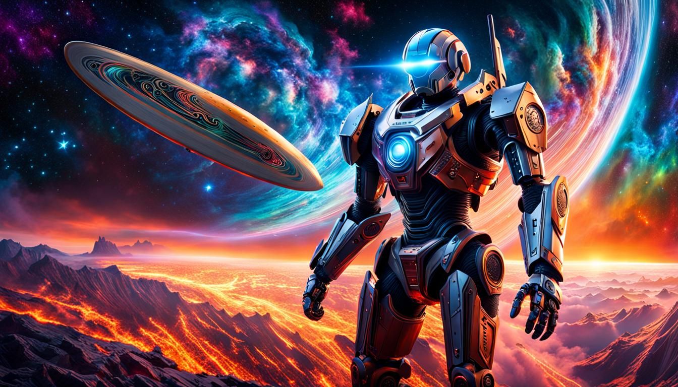 Cyberpunk Robot Surfing Nebula as Digital Painting