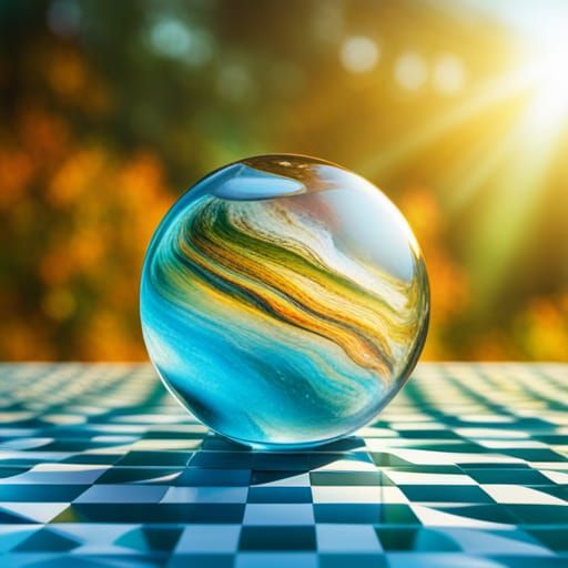 Translucent Amber Marble on Checkered Table, 3D Render