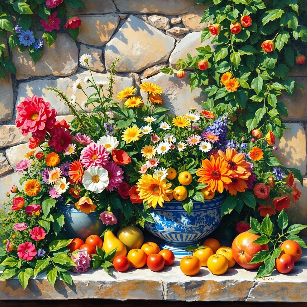 Vibrant Summer Garden Still Life in Traditional Oil Painting...